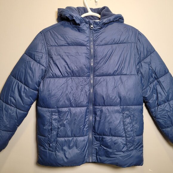 Boys Hooded Puffer Jacket w/ Fleece Lining - NAVY- Size L (10-12) - Picture 1 of 3